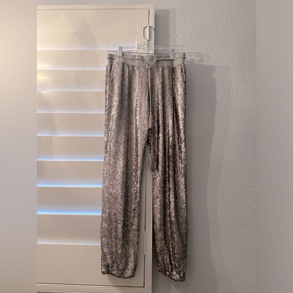 Silver Sequin Jogger Pants With Draw String Waist - image 1
